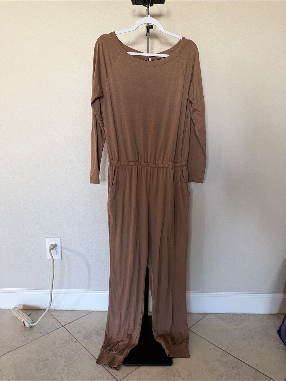 Relaxed Long-Sleeve Jumpsuit in Warm Brown
